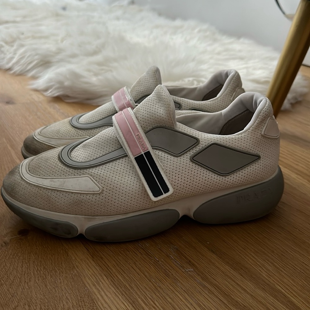 Prada Logo White Grey and Pink Sneakers Size 38